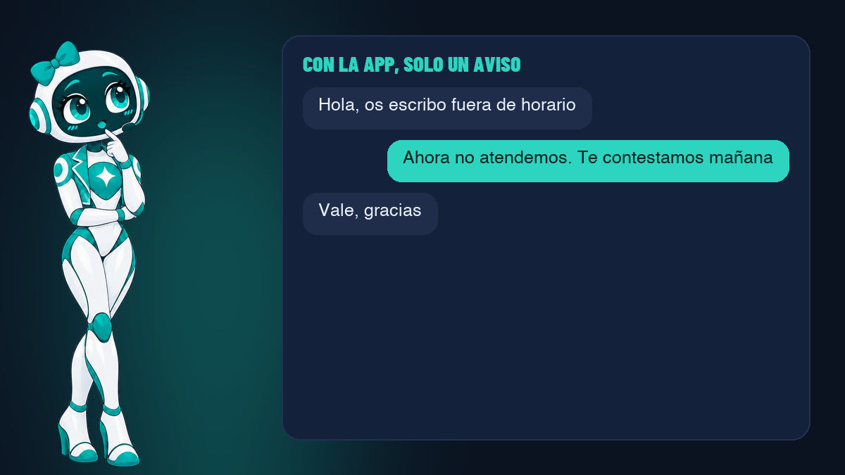 Una conversación de WhatsApp Business fuera de horario donde solo hay un aviso automático