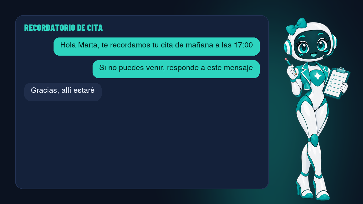Un recordatorio de cita, corto y útil Un recordatorio de cita enviado como mensaje de utilidad, corto y claro