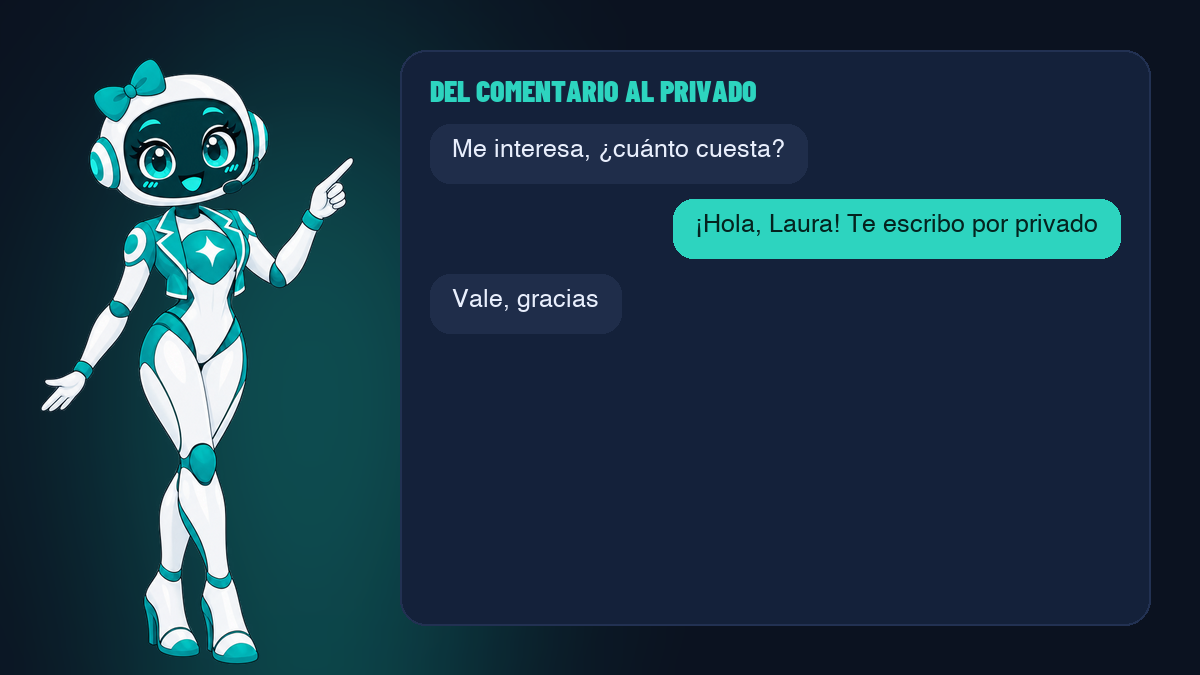 Responde en público y sigue en privado Una respuesta pública corta a un comentario con interés invita a continuar por mensaje privado