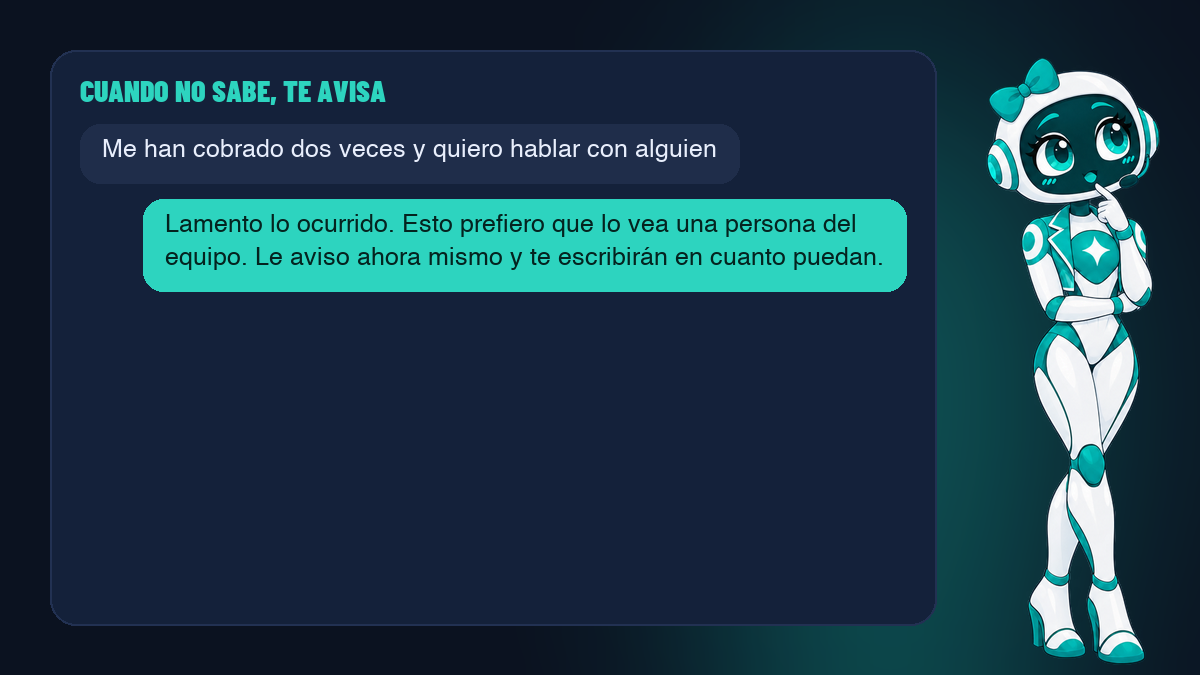 Ejemplo de conversación en la que el agente de IA avisa al dueño del negocio cuando una consulta necesita una persona