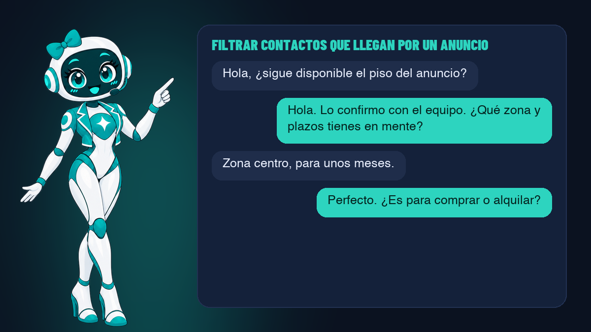 Un interesado pregunta por un anuncio y el agente le responde y le pide zona, presupuesto aproximado y plazos