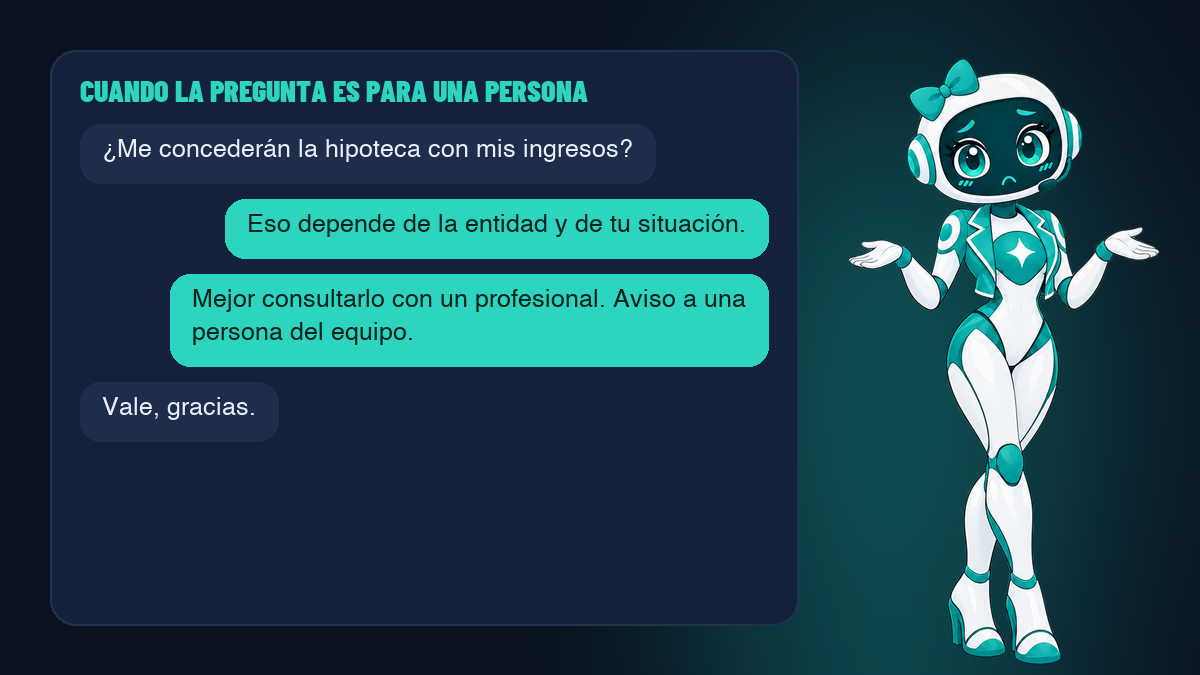 Un contacto pregunta por la hipoteca y el agente no opina: pasa la conversación a una persona del equipo