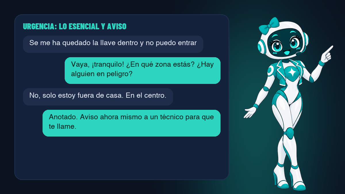 Una conversación de urgencia en la que el agente recoge la ubicación y avisa al profesional