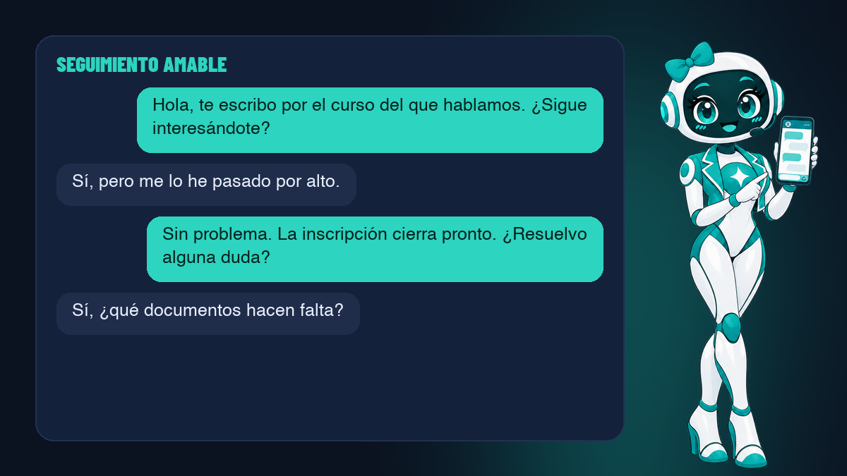Un agente de IA hace seguimiento amable a una persona que pidió información sobre un curso