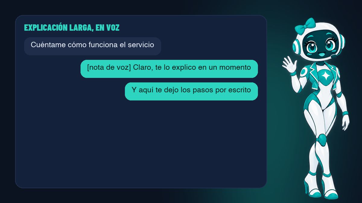 Un cliente pide una explicación larga y el agente responde con una nota de voz