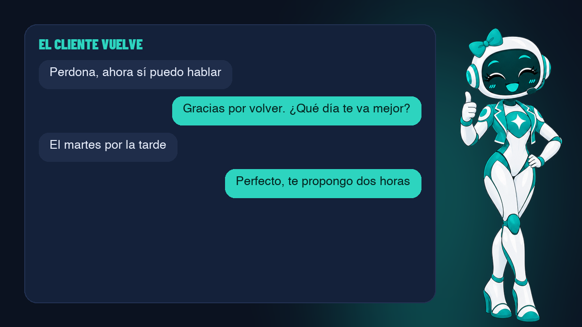 Un cliente responde al seguimiento y el agente de IA retoma la conversación y propone una cita