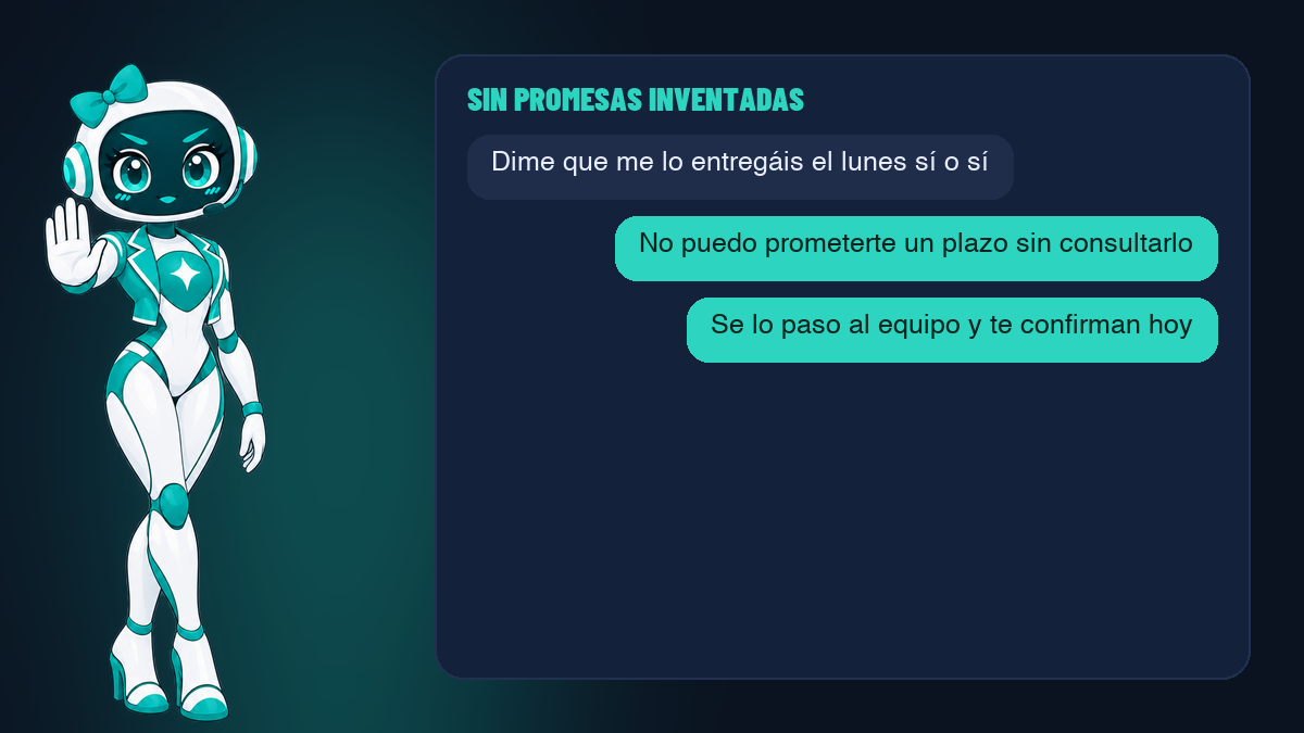Un cliente pide algo que el agente no puede prometer y este responde con honestidad y ofrece pasar con una persona
