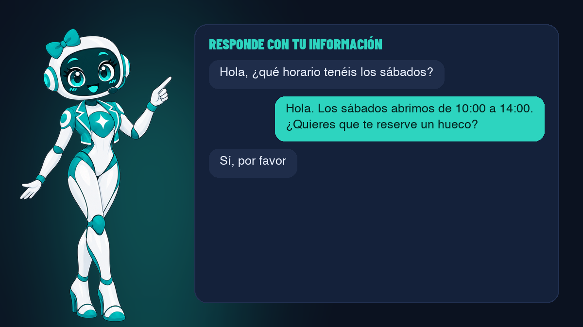 El agente responde con la información de tu negocio Un agente de IA con la información del negocio responde con precisión a preguntas habituales